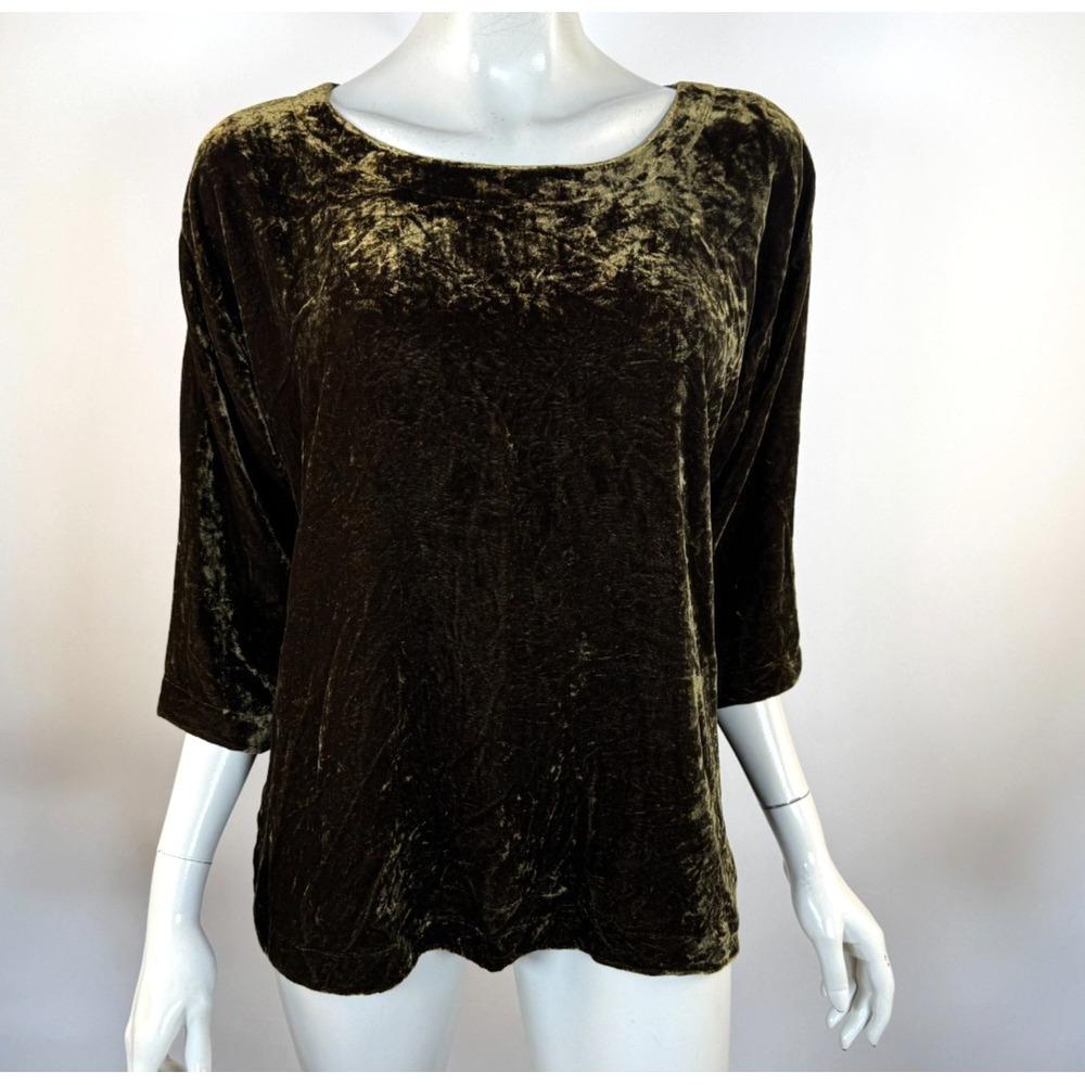 Eileen Fisher Velvet Bateau Neck Box-Top Women M EUC 3/4 Sleeve Silk Blend Green